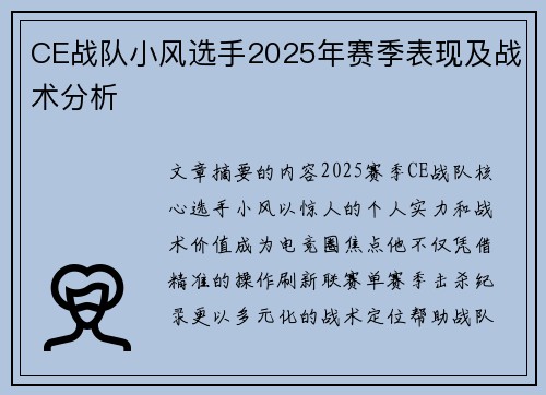 CE战队小风选手2025年赛季表现及战术分析